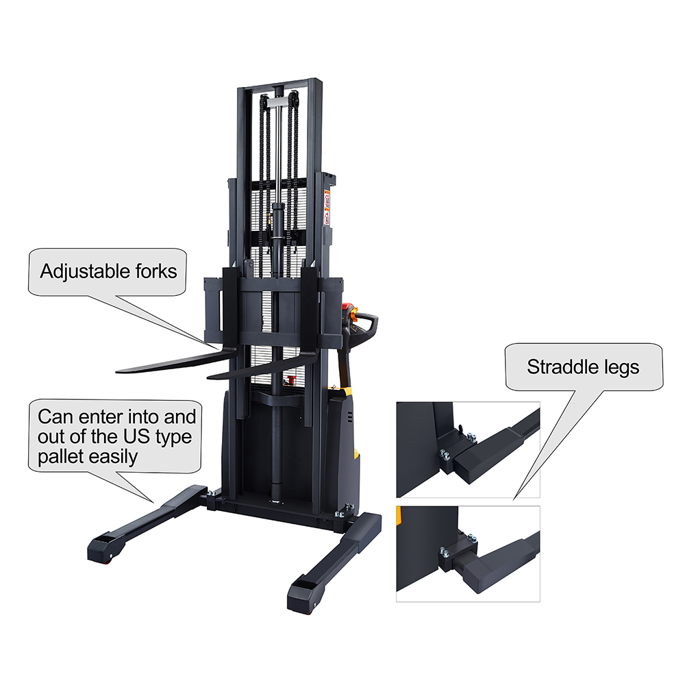 Fully Powered Drive and Lift Electric Walkie Straddle Stacker with Straddle Legs Adjustable Forks 118 Max Lift Height 2640lbs Capacity Material Lift 