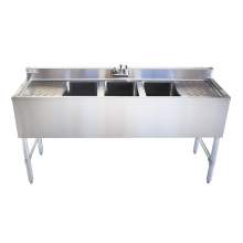 60" 18-Ga SS304 3 Bowl Underbar Sink with Faucet and Two Drainboards