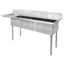 74 1/2" 18-Ga SS304 Three Compartment Commercial Sink Left Drainboard