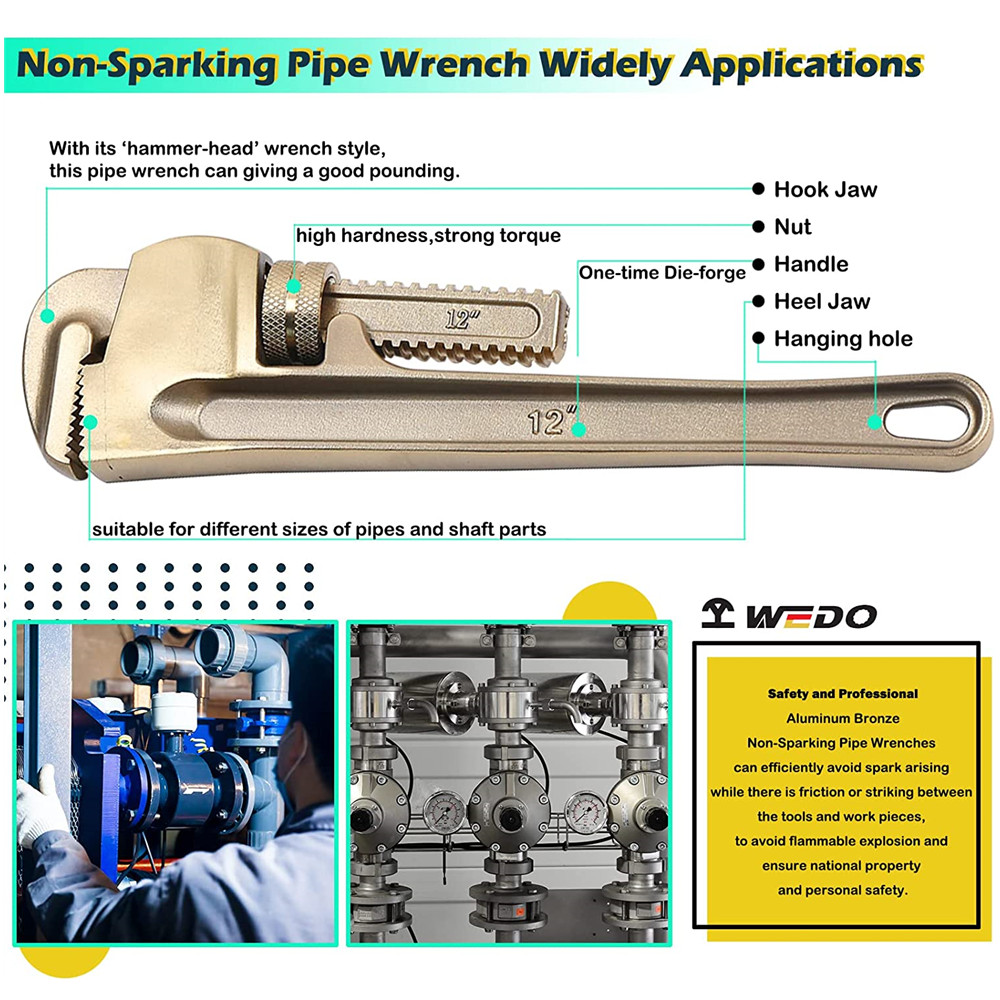WEDO Non-Sparking Pipe Wrench (Length 350mm, Opening Max 50mm), Spark-Free  Straight Plumbing Wrench, No Spark Safety Spanner, Aluminum Bronze