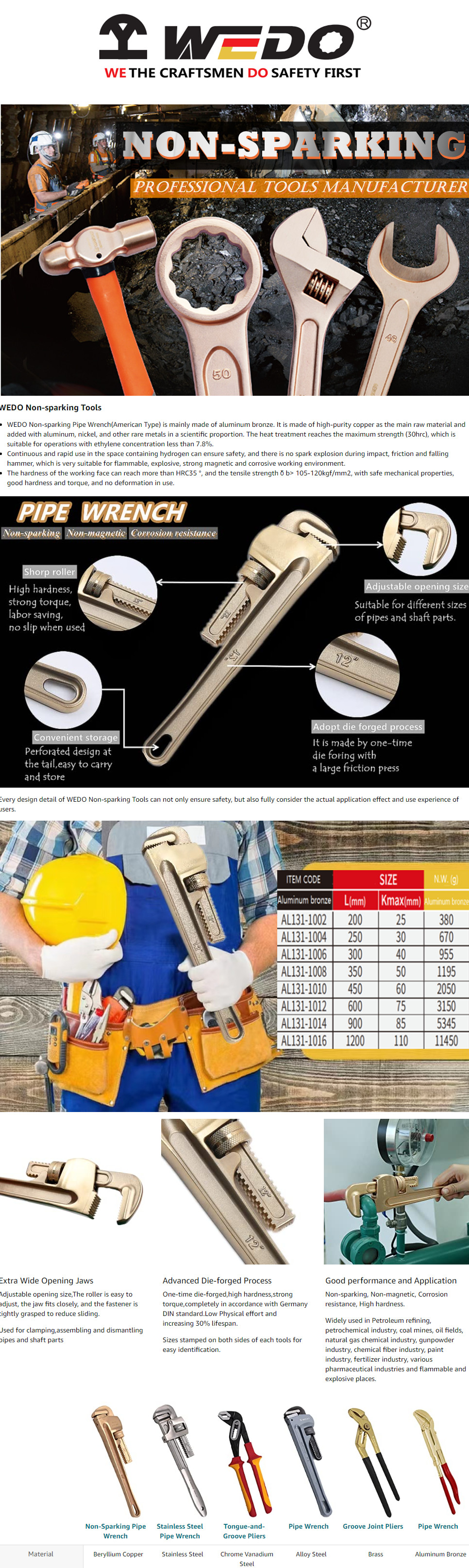 WEDO Non-Sparking Pipe Wrench, Spark-free Safety Monkey Wrench, Aluminum  Bronze,DIN Standard, BAM & FM Certificate，9.4'',240mm*45mm