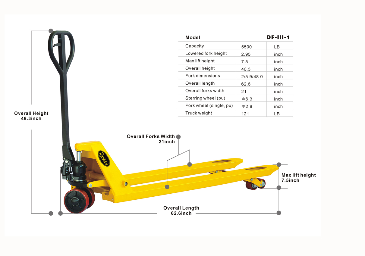 ApolloLift【Classical】 Manual Pallet Jack 5500lbs Capacity 48Lx21W Fork 